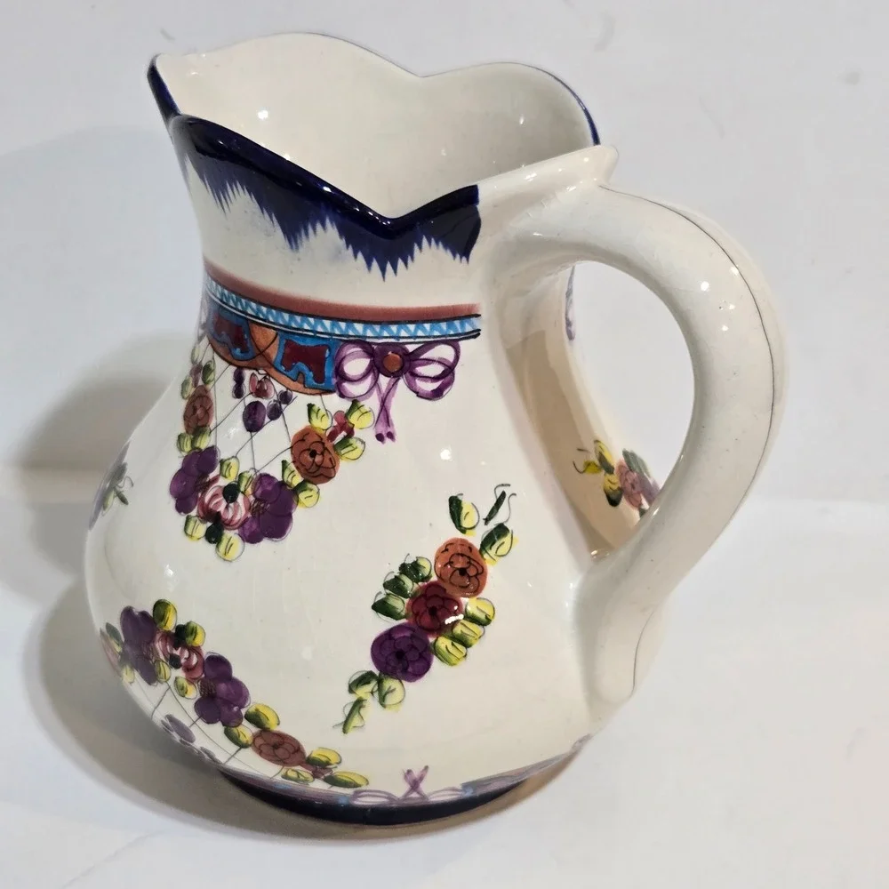 Hand Painted Mexican Floral Pitcher Ceramic Vase Floral Cottagecore Farmhouse 7